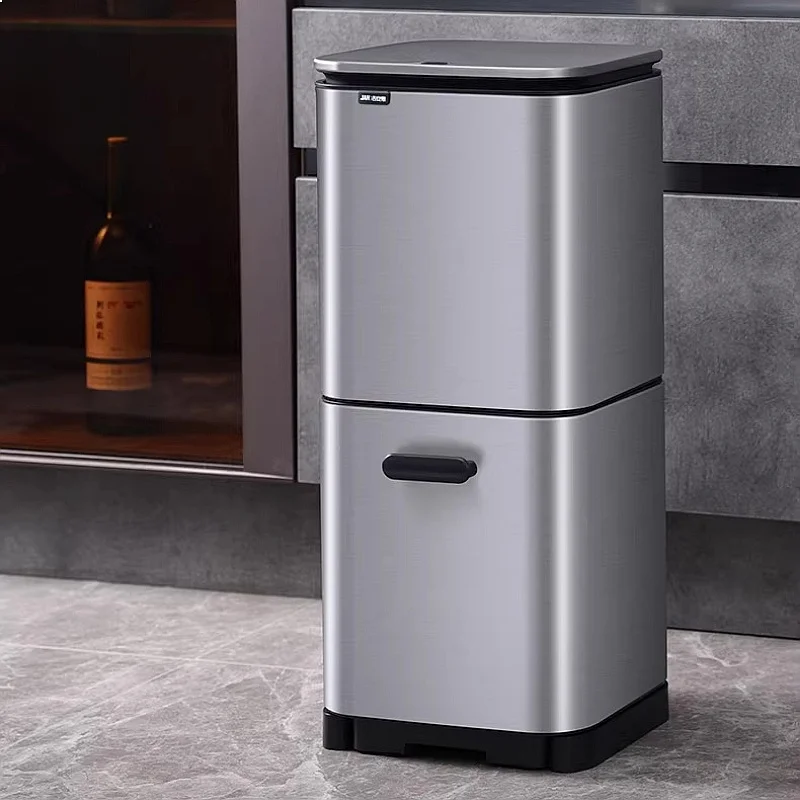 Smart Sensor Kitchen Trash Can Stainless Steel Dual Bin with Wheels Dry Wet Waste Separation Large Capacity