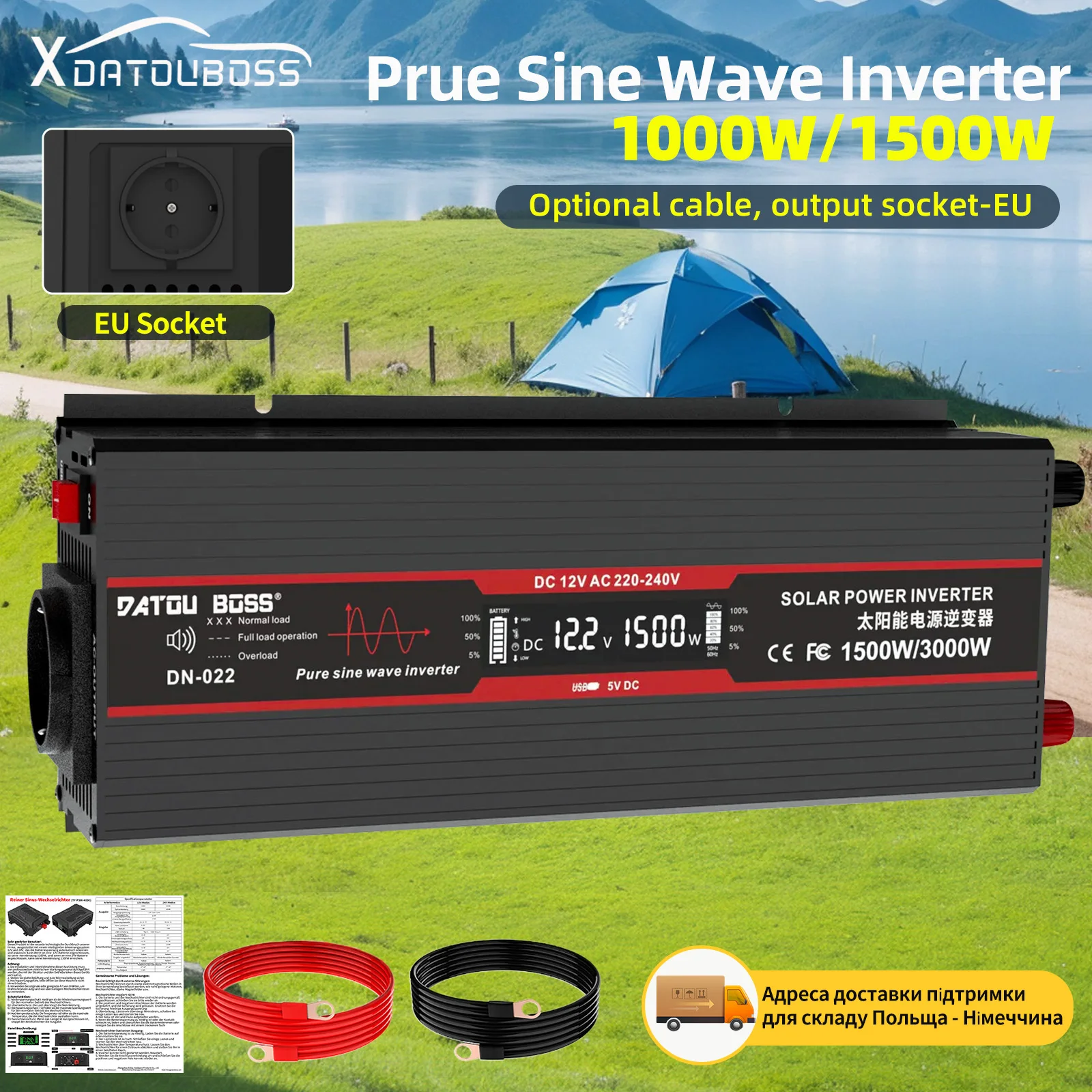 DATOU BOSS Inversor 12v Para 110v Convertidor de 12v a 110v 220v 1000W Peak Power 2000w 60Hz LCD Display