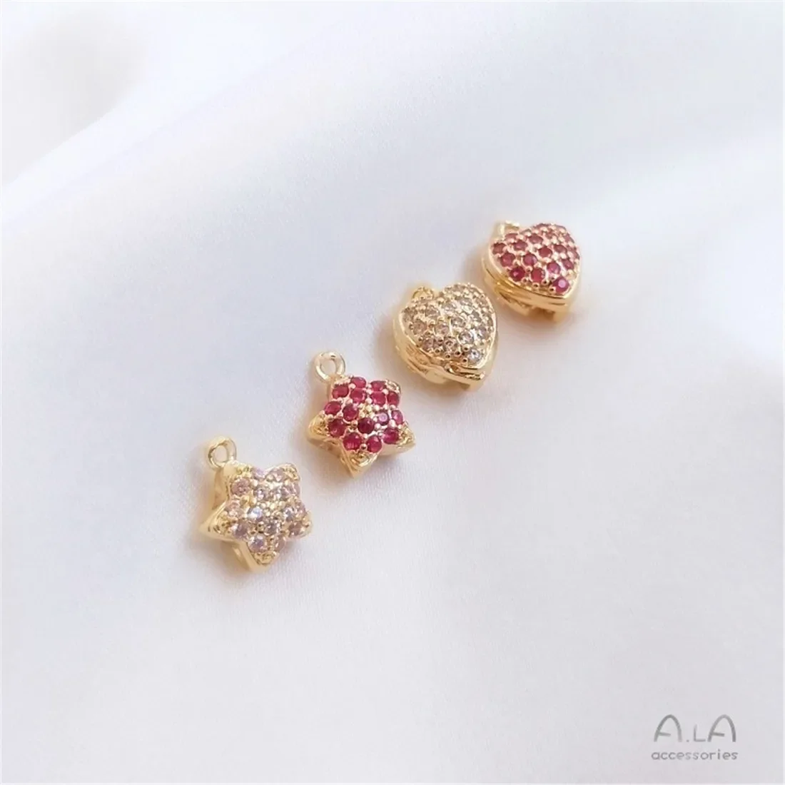 14K 골드 컬러 인레이드 지르콘 입체적인 속이 빈 오각형 하트 모양 마이크로 인레이드 펜던트 DIY 쥬얼리 펜던트