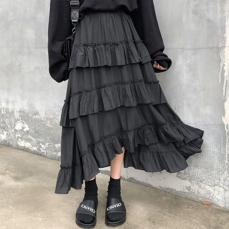 HOUZHOU Black Long Skirts Women Gothic High Low Ruched Ruffle High Waist Asymmetrical Midi Skirt Korean Fashion Fairy Grunge