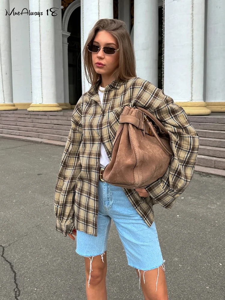 Mnealways18 Vintage Shacket Oversized Gingham Blouses And Tops Womens Dropped Shoulder Plaid Shirts Street Style Pockets Casual