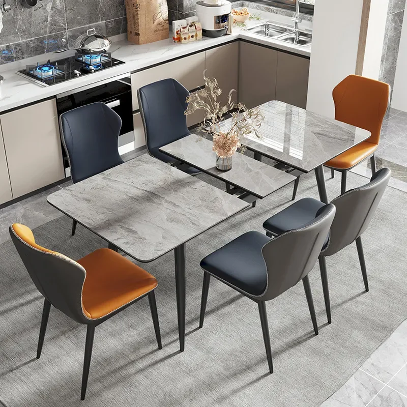 Retractable Rectangular Dining Table with Induction Cooker Rock Slab Top and Chairs Set Space Saving Foldable Table for Small