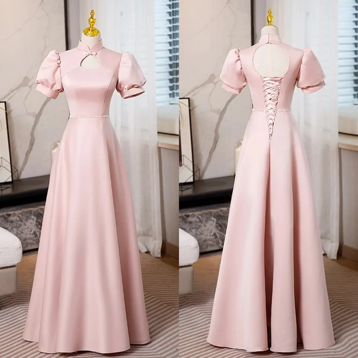 

Evening Dress Pink Satin High-neck Short Puffy Sleeve Lace up A-line Floor Length Plus size Women Party Formal Gown Customzation