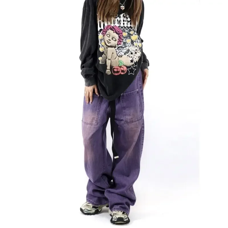 Y2k Purple Colored Baggy Jeans Women Wide leg Oversize Cargo Pants Harajuku Korean Fashion Streetwear Trousers Japanese 2000s