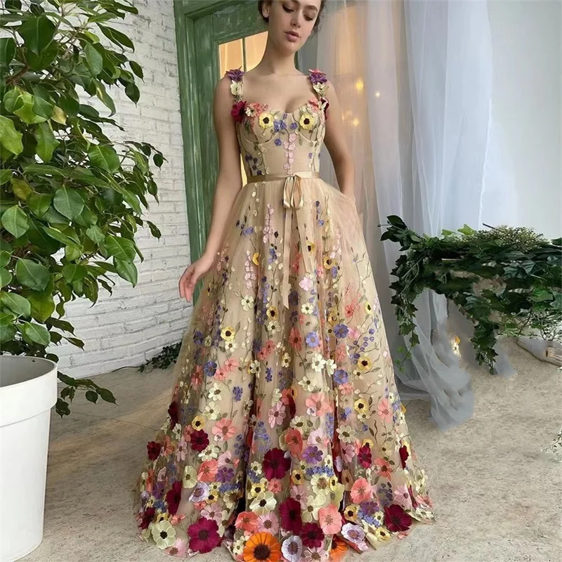 

Women Evening Dress 3D Flower Appliqued Lace Strap Sleeveless A Line Party Prom Gown Birthday Robe De Mariée