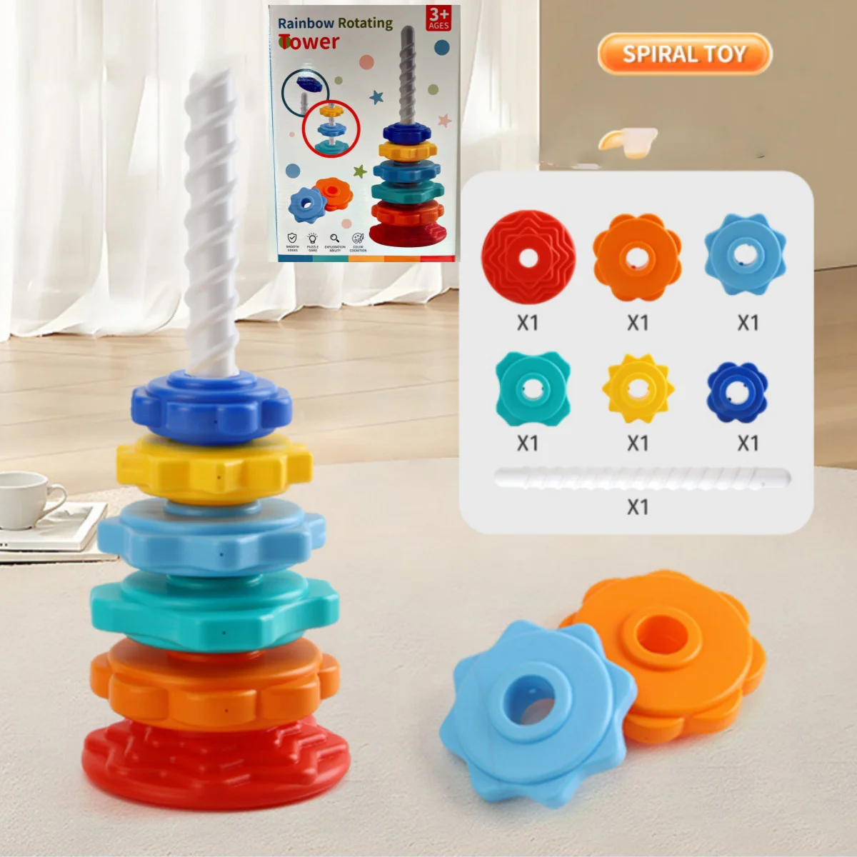 새로운 장난감 몬테소리 회전 레인보우 타워 스태킹 퍼즐 장난감 안전 및 환경 보호 컬러 어린이 장난감 선물