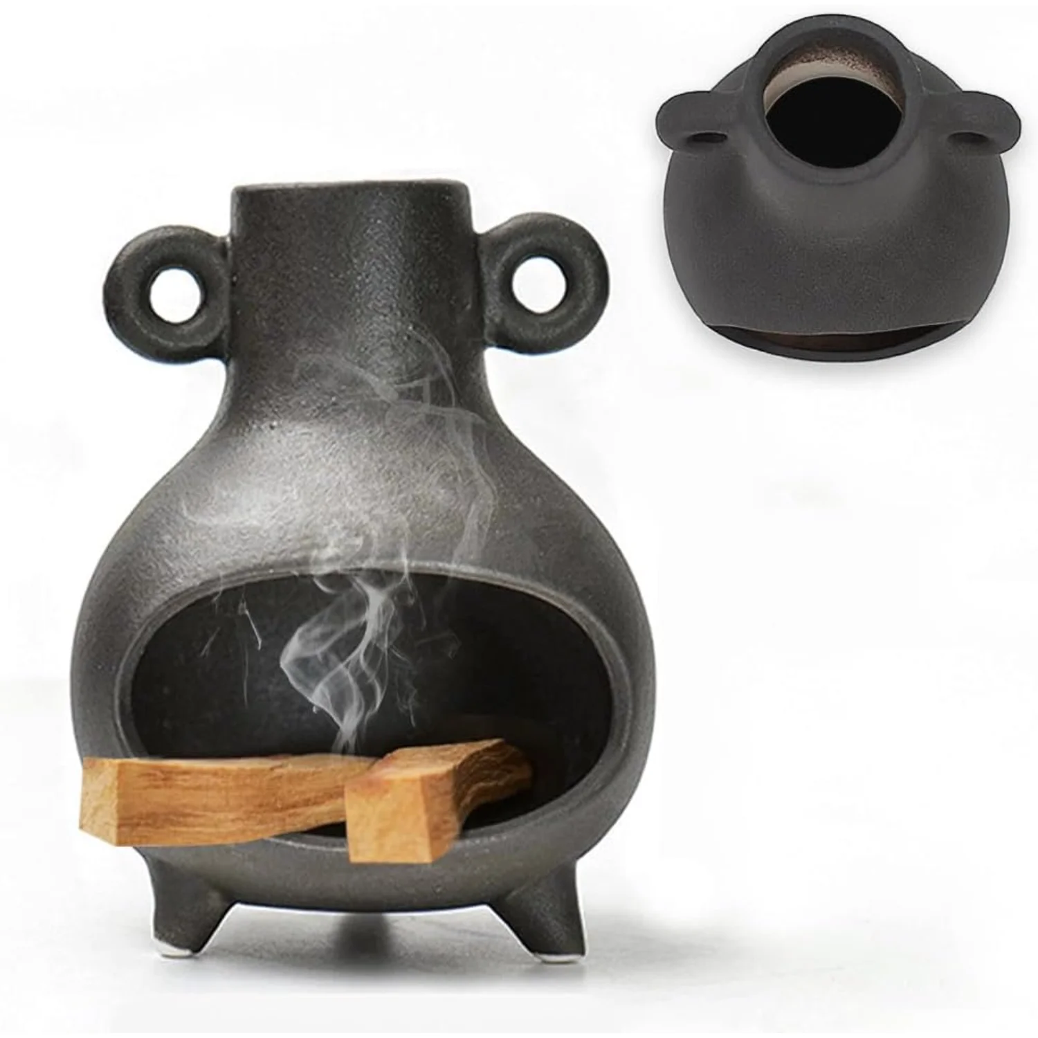 Ceramic Palo Santo & Sage Holder with Modern Pottery Chimney - Ash Catcher Bowl for Yoga Meditation Room Decor