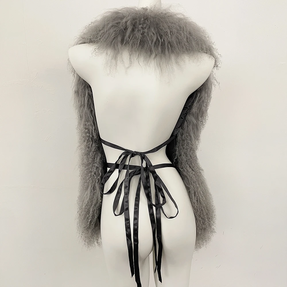 المرأة معطف الفرو المنغولي الحقيقي بلا أكمام الفاخرة الفراء رقيق شال سترات ملابس خارجية عباءة نمط شيك الإناث الواقع سترات من الفرو #4