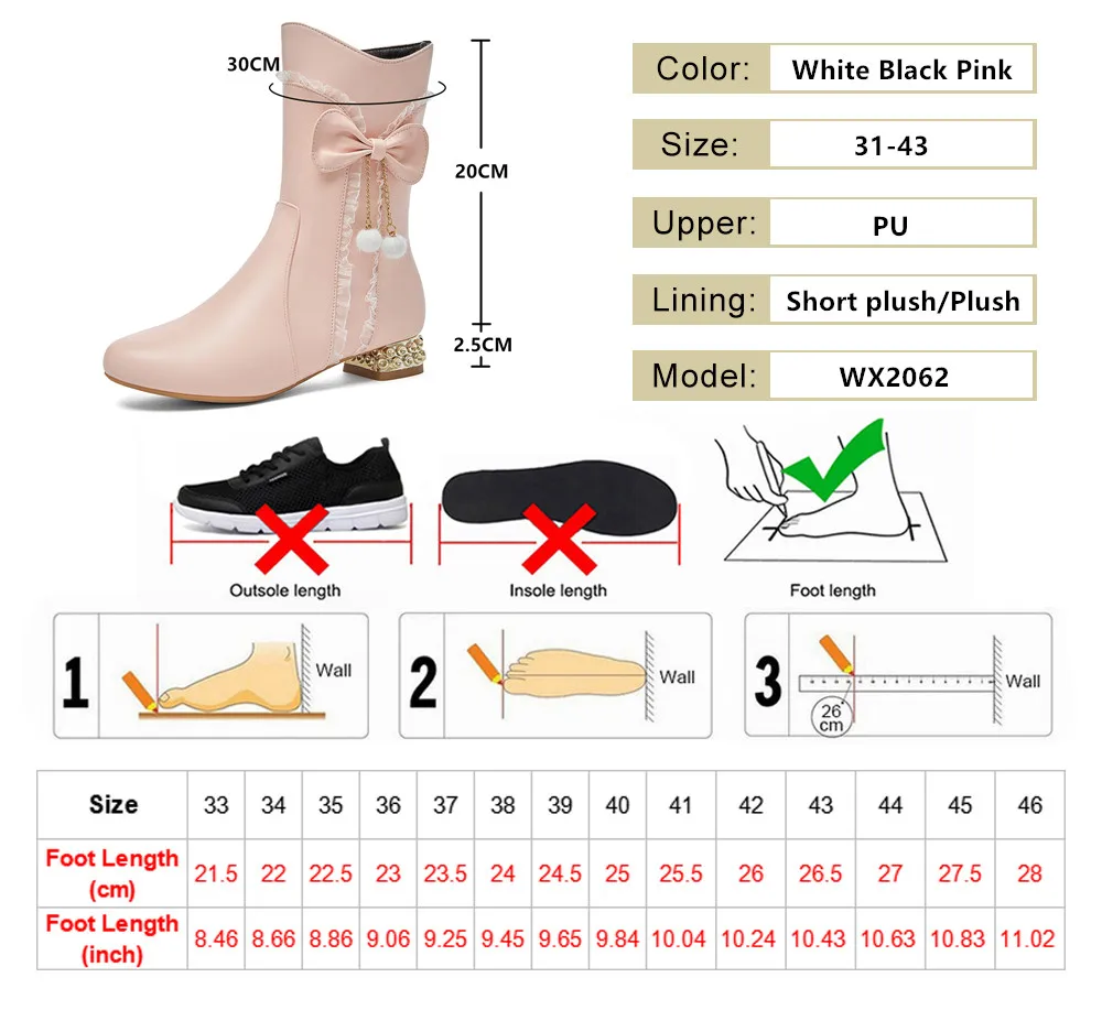 2024 New Women Boots Autumn Winter Girls Booties Thick Heel Low-heel Short Boots Side Zippe Bow Botas Mujer Shoes 31-43 Pink