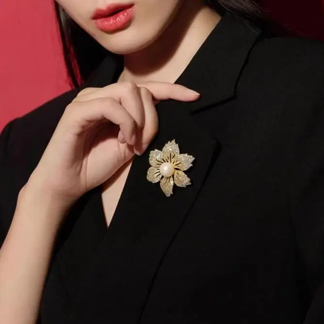 Elegant Temperament Bauhinia Brooch Suit Pearl Women\'s Corsage Flower Button Cardigan Accessories Pin