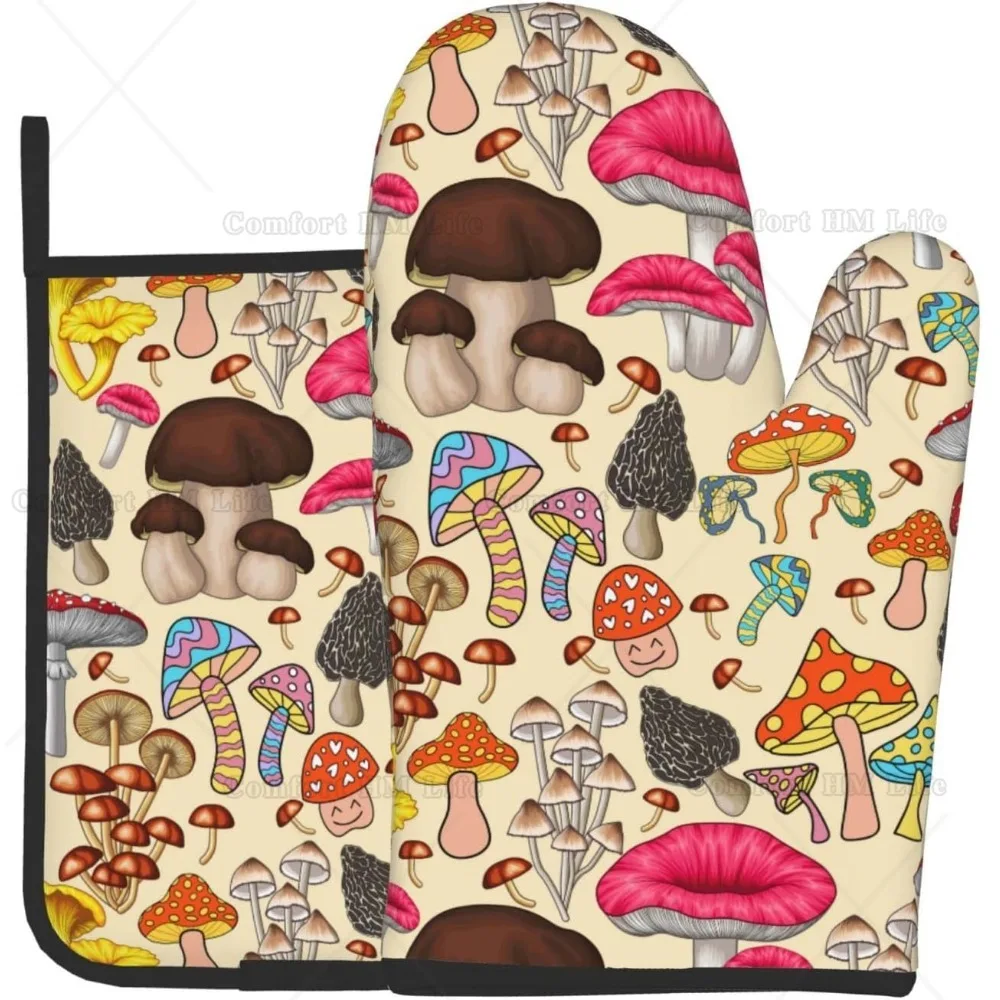 

Mushroom Vintage Art Print Oven Mitts and Pot Holders Sets High Heat Resistant Non-Slip Oven Gloves for Kitchen Baking Cooking