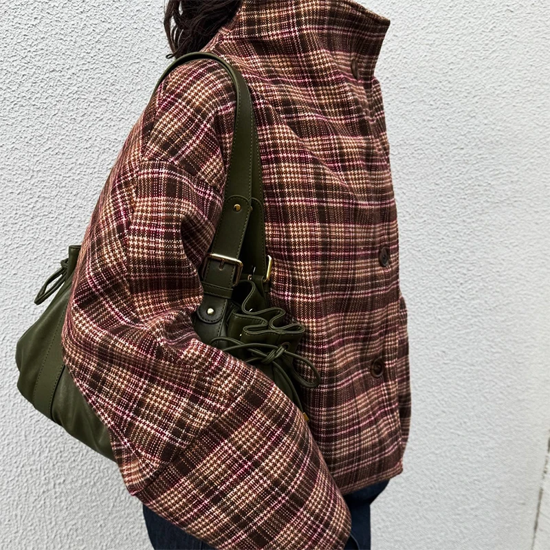 

Fashion Plaid Coats Women's Stand Collar Single Breasted Long Sleeve Vintage Jacket 2025 Autumn New Lady Casual Loose Overcoat