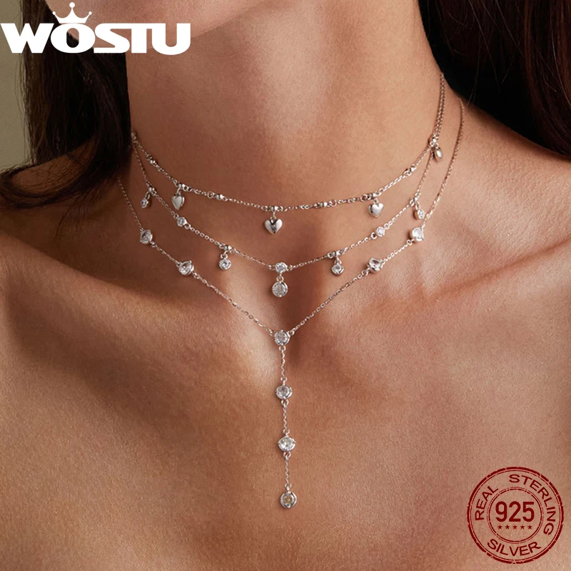 WOSTU Real 925 Sterling Wedding Stackable Heart Tassel Necklace Round Zircon Chain Sparkling Y-chain  Links Stackable Jewelry