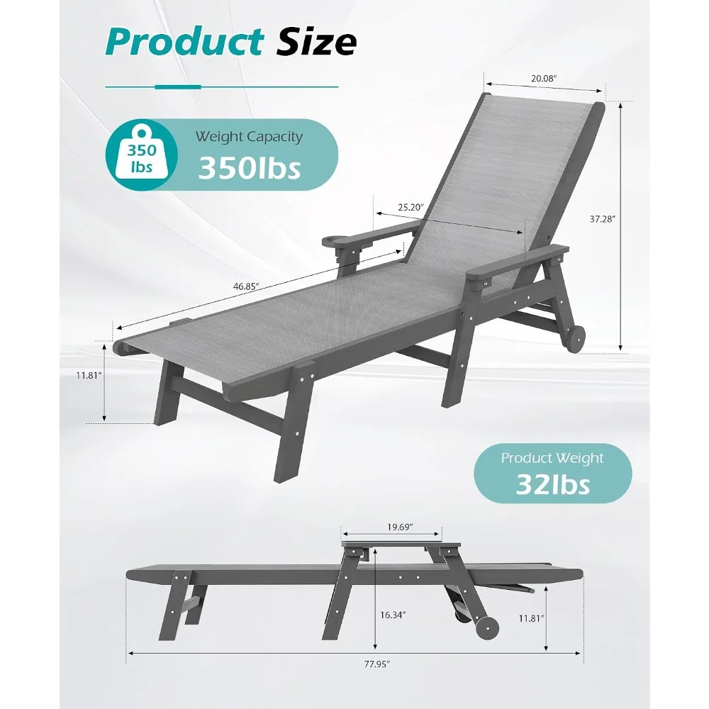 Lounge Chair Outdoor, HDPE Chaise Lounge Outdoor with Wheels, Patio Lounge Chair Adjustable 5-Position, Customized