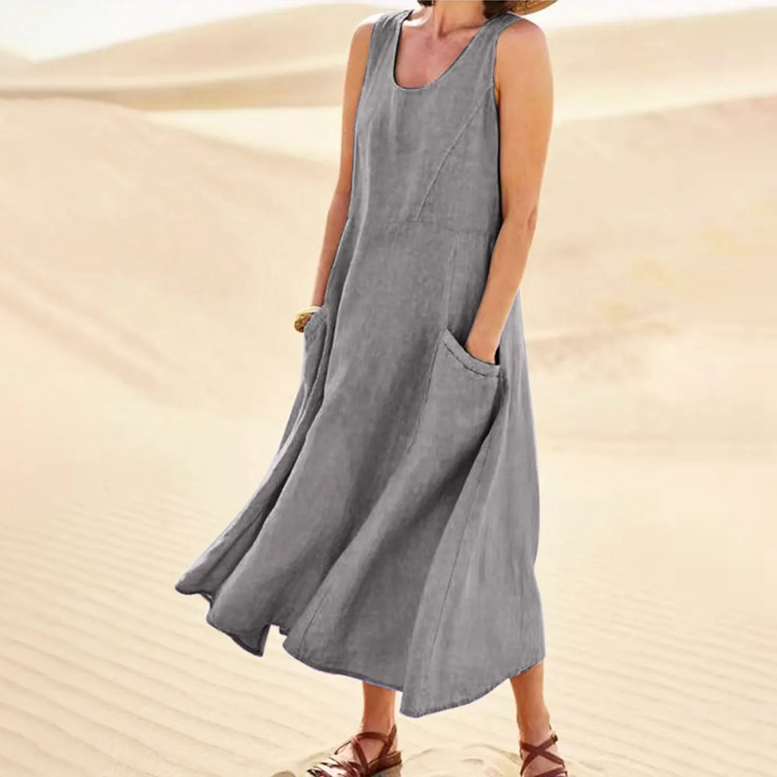 Summer Cotton Linen Women Dress Sleeveless Round Neck A-shaped Skirt Artistic Retro Style Long Dress Comfortable Casual Dresses