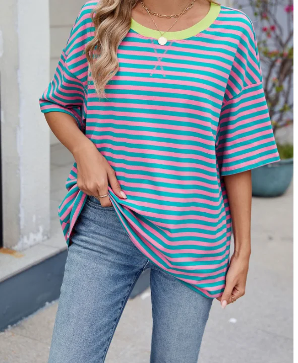 T-Shirt coupe ample pour femmes, rayé, contraste, col rond, demi-manches, haut quotidien décontracté, adapté à diverses tenues assorties