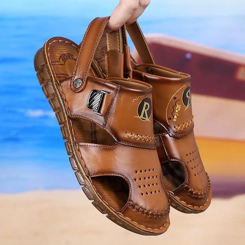 Summer Leather Retro Hollow Beef Tendon Sole Outdoor Beach Men\'s Sandals Designer New Casual Soft Sole Indoor Man Slippers