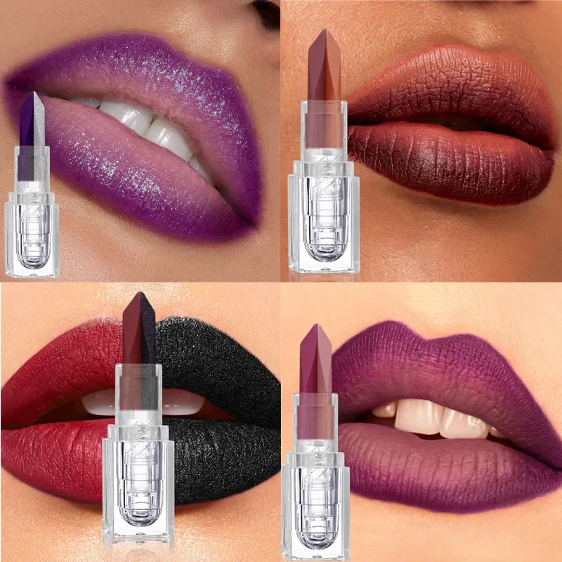 Two-tone Polarized Silver Lipstick Gradient Matte Purple Lasting Waterproof Metallic Black Moisturizing Lip Eye Makeup Stick