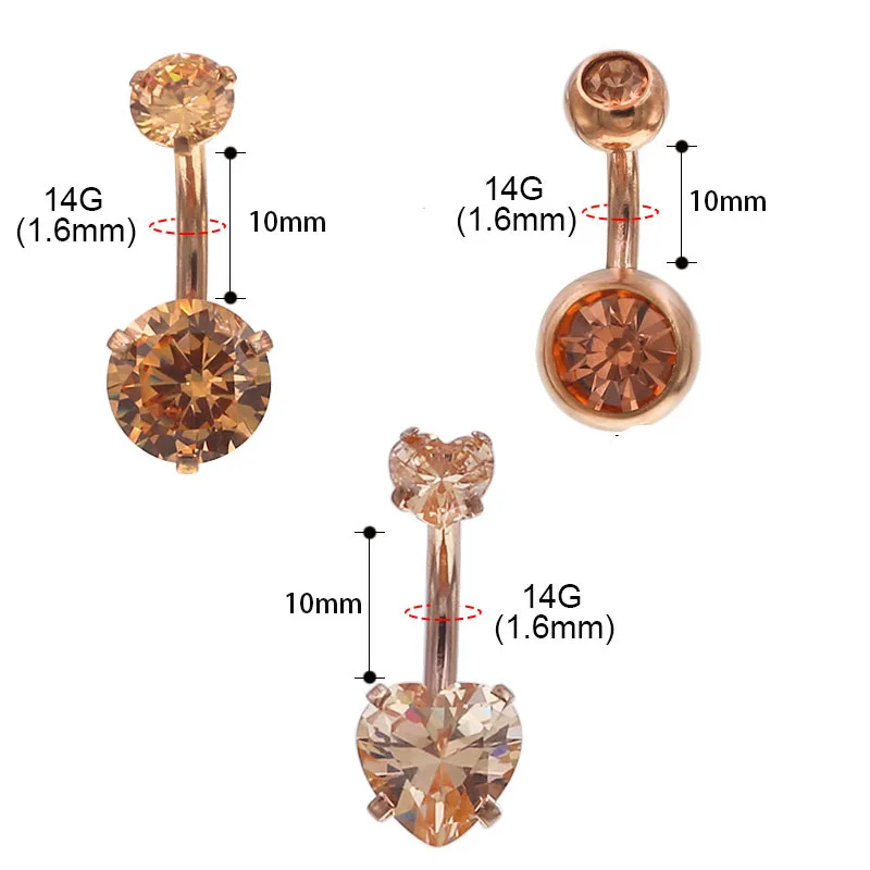 Starbeauty 1Pc Rose gold Color Internally Threaded Belly Button Rings Double Crystal Zircon Navel Ring Piercing Body Jewelry
