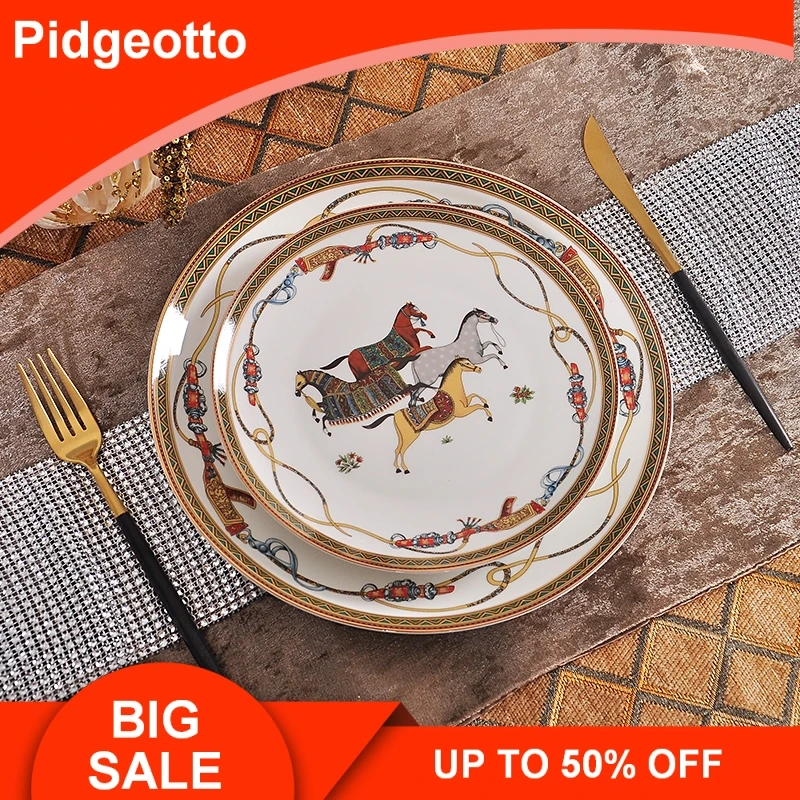 2021 New Dinner Plates Luxury War Horse Bone China Dinnerware Set Royal Feast Porcelain Western Plate Dish Home Decoration