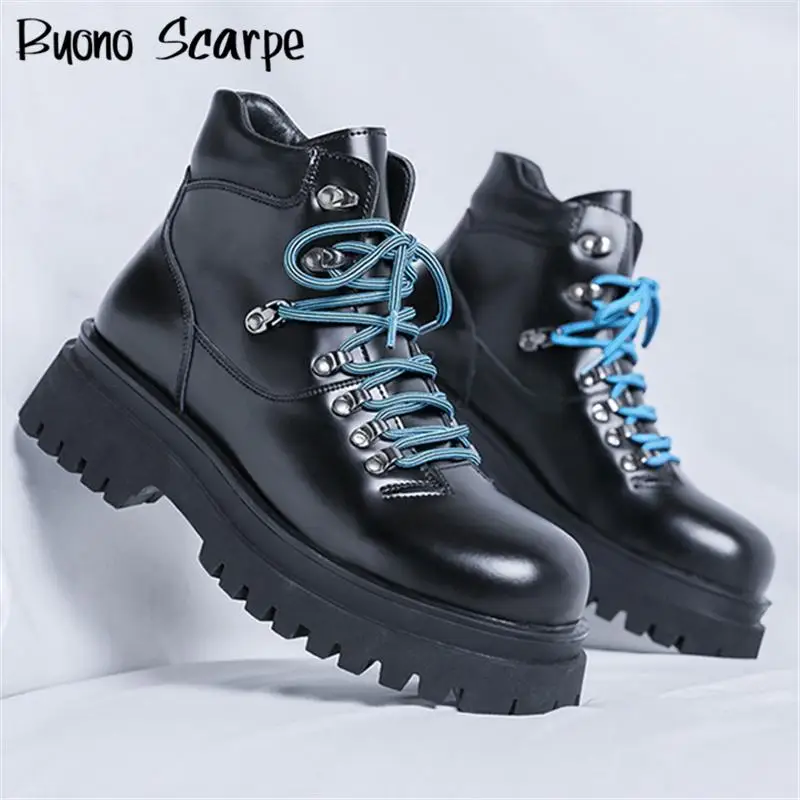 Casual Platform Thick Bottom Ankle Boots Men Large Size Retro Fashion Increasing Motorcycle Boots All Match Designer Men Shoes