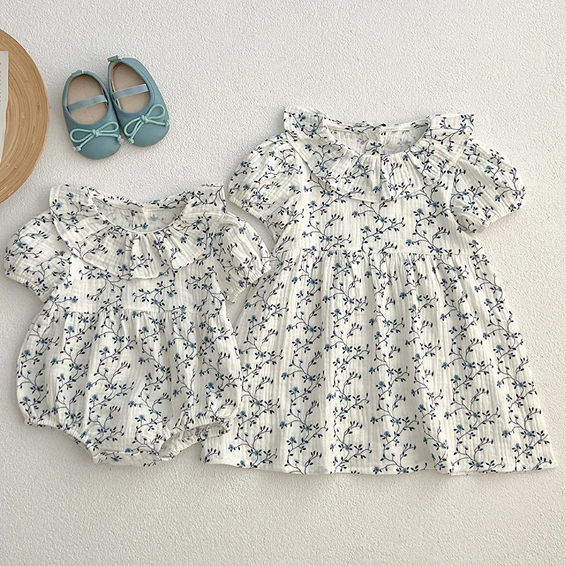 Baby Girls Clothes Summer New Baby Girls Short Sleeve ​Dress Flower Print Baby Romper Princess Dress Kids Matching Sister Outfit