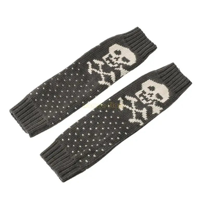 31BF Knit Skull Pattern Gloves Winter Half Finger Mitten Thicken ให้ถุงมือข้อมือยาวยาวสำหรับแฟนสาว