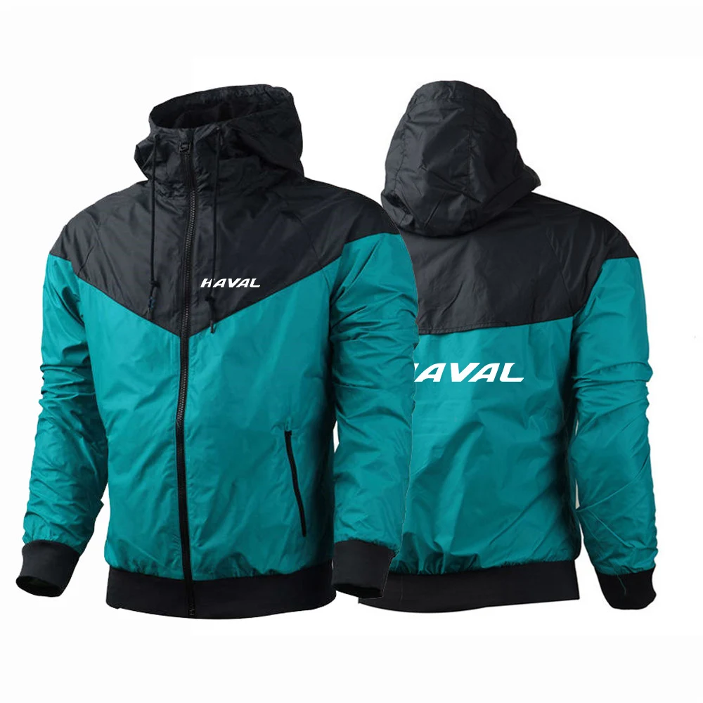 

2023 Spring Autumn Mens Haval Car Logo Print Waterproof Solid Color Splice Mesh Lining Breathable Hooded Thin Windbreaker Jacket