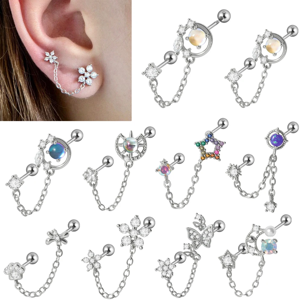 1PC Surgical Steel Marquise Cz Ear Cartilage Piercing Zircon Dangle Chain Earring Daith Tragus Helix Lobe Piercing Body Jewelry