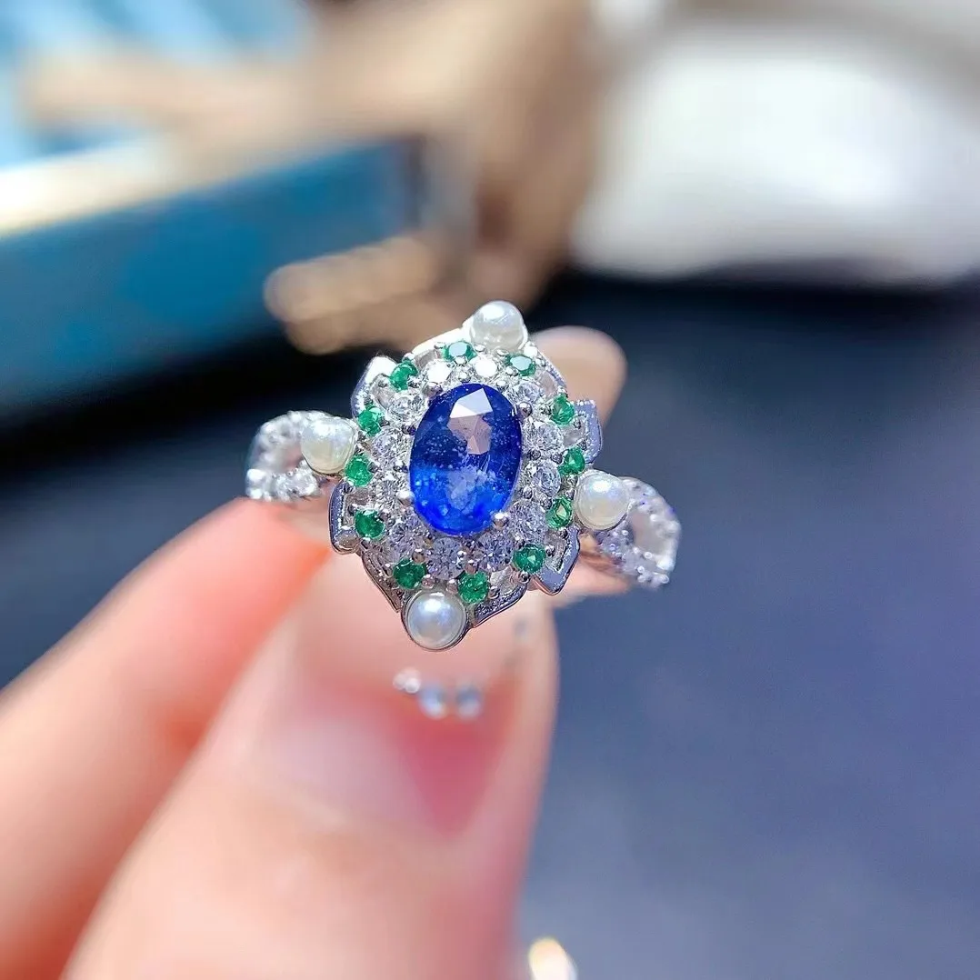 

FS S925 Sterling Silver Inlay 4*6mmNatural Sapphire Ring With Certificate Fashion Fine Charm Wedding Jewelry for Women MeiBaPJ