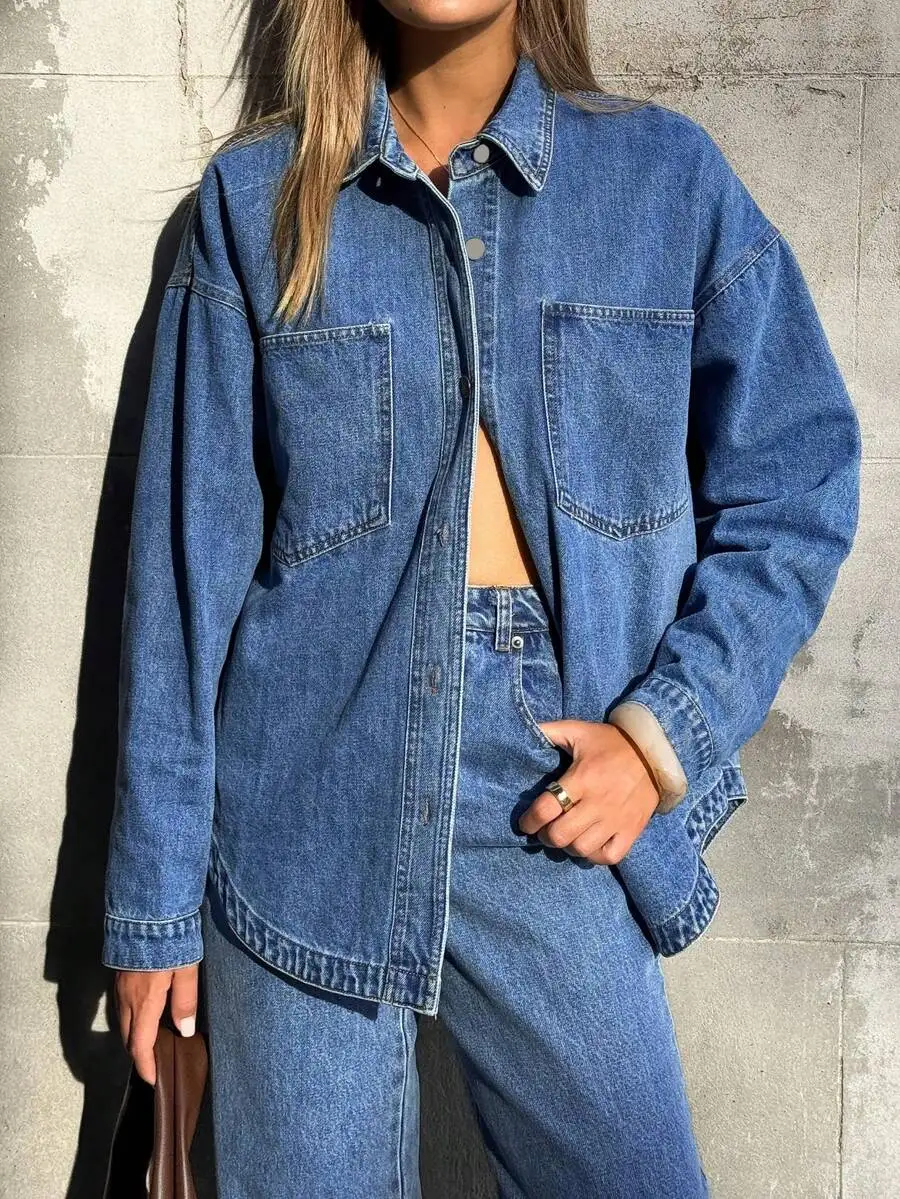 

Women's Oversized Denim Shirt Jacket Long Sleeve Button Down Distressed Hem