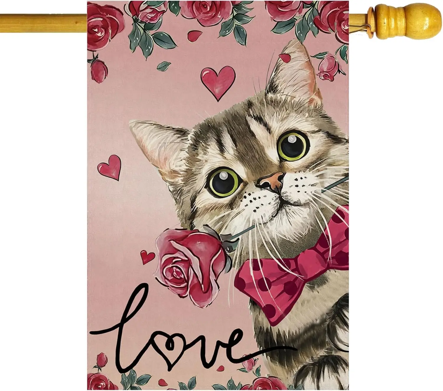 Valentine’s Day Romantic Roses Love Hearts Cat House Flag Big Large Burlap 28X40 Inch Vertical Double Sided Outside Yard Hol EEZ