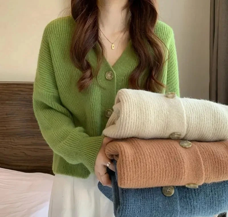 

Loose Long Sleeve V-Neck Knitted Cardigan Women's Style Avocado Green Sweater Coat