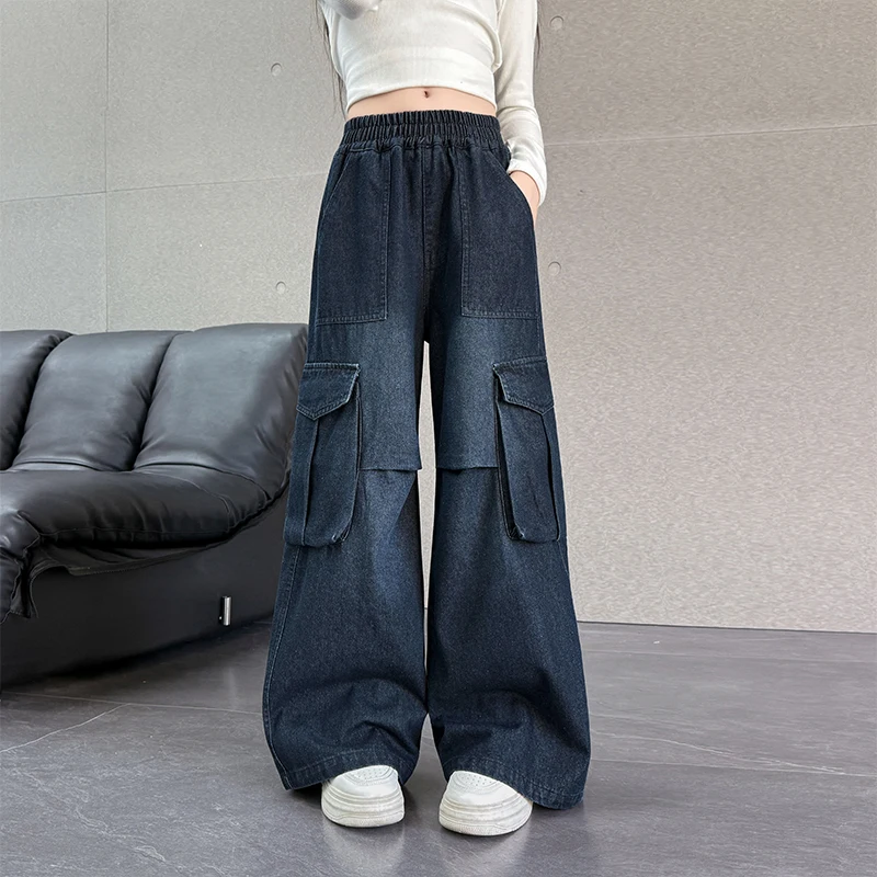 

Brief Style Children Cargo Jeans Pants with Side Pocket for Teen Girls 4 to 14 Years Old Kids New Designer Casual Denim Trousers