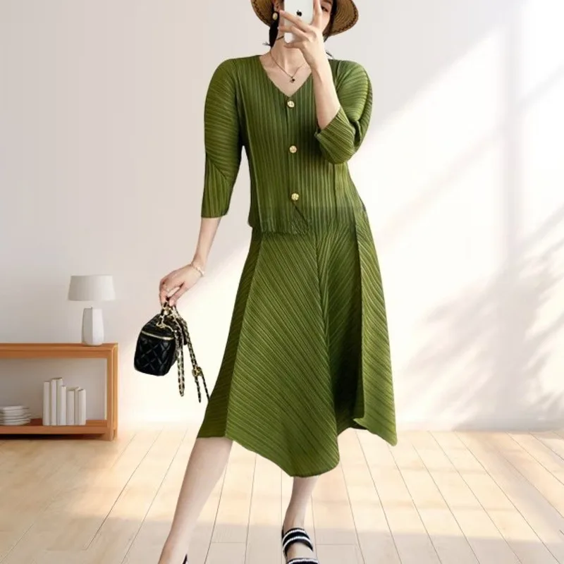 

Miyake плиссированный топ с длинными рукавами, женский кардиган, футболка, куртка, простая свободная эластичная полуюбка, однотонный комплект из баски, комплект из 2 предметов