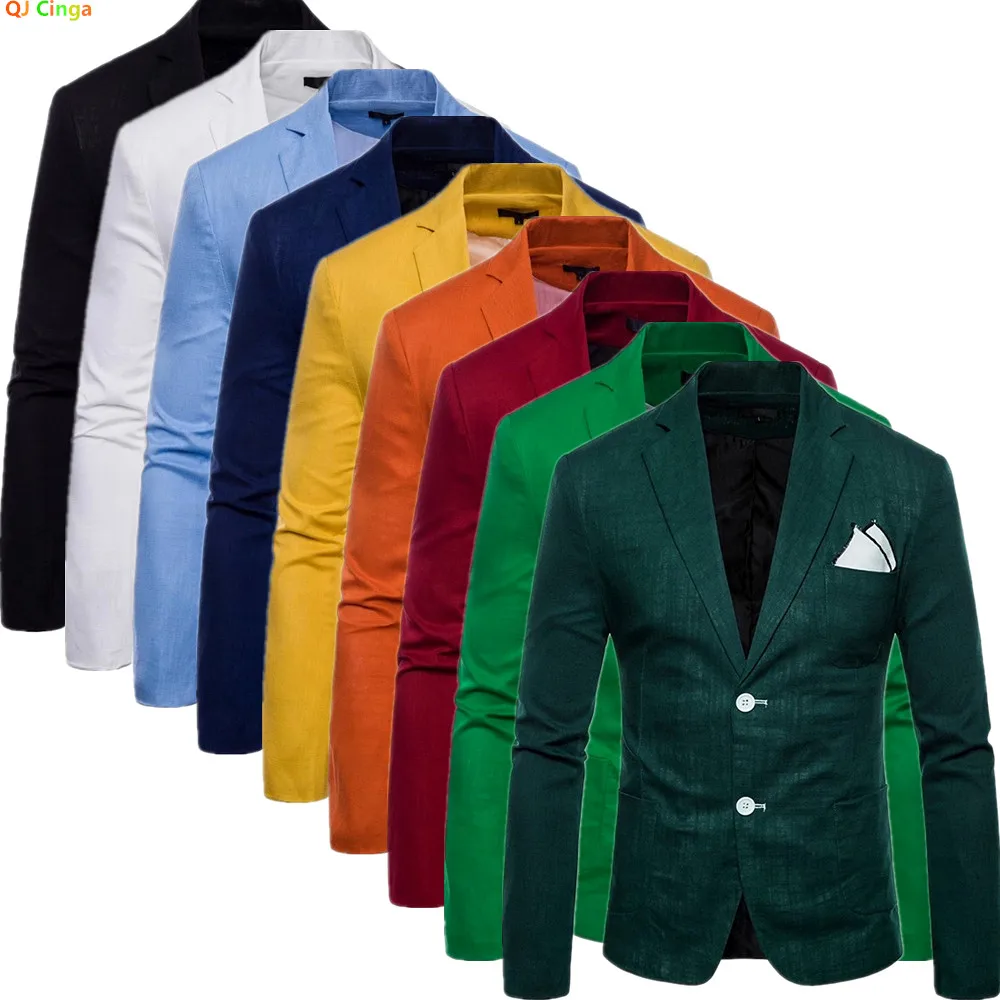 

Spring 2026 Men's Green Suit Jacket Cotton-Linen Blend V-Neck Outerwear Available in Red, Yellow, Blue, Black, and White Blazers