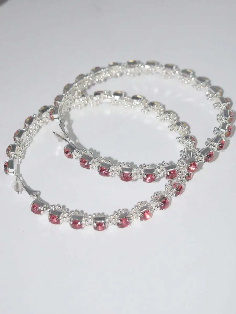 

9cm Large Pink Crystal Hoop Earrings And Necklace Set For Women