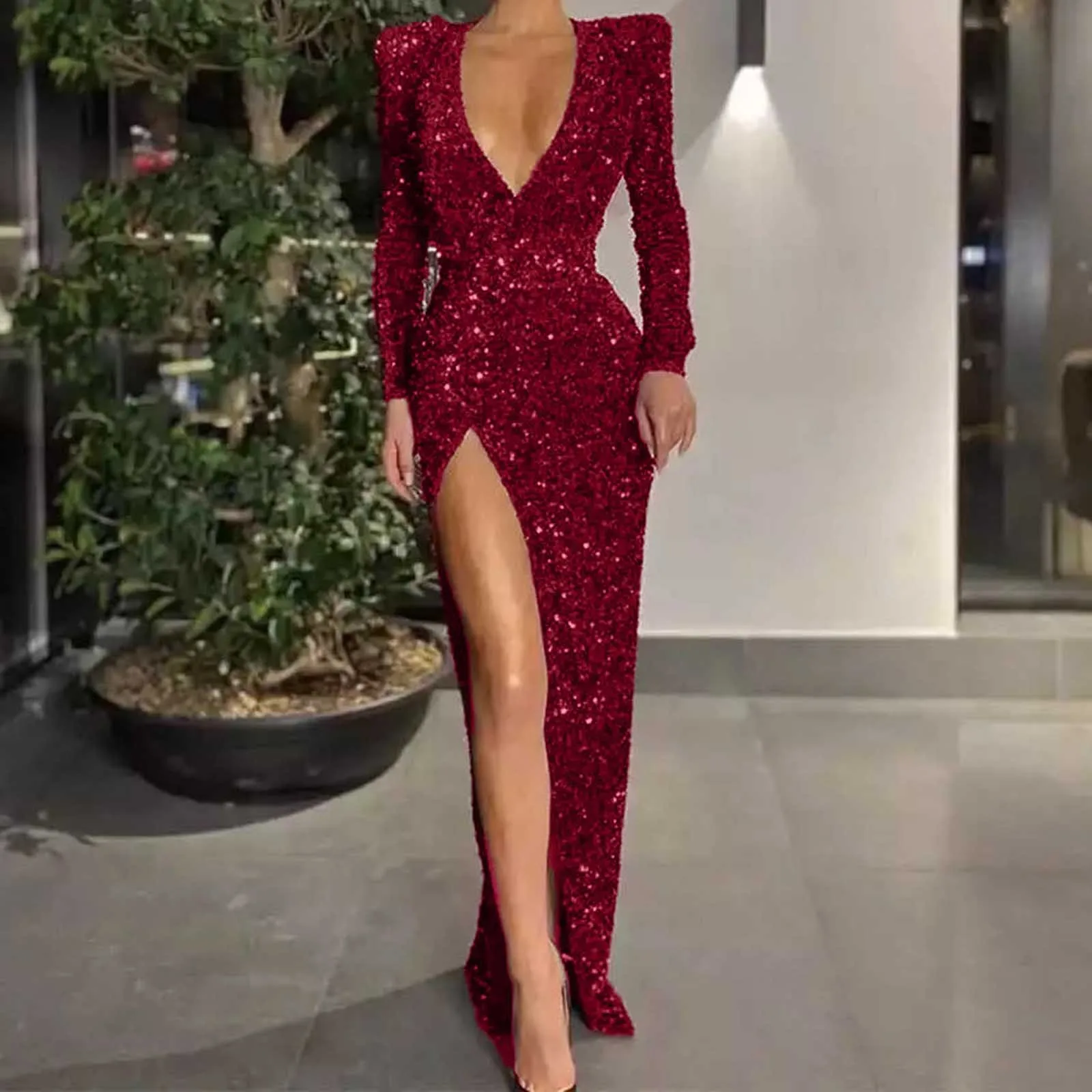 Vestidos para mujer de manga larga con escote en V profundo, elegantes vestidos largos de lentejuelas rojas con abertura lateral para Club nocturno, 2024