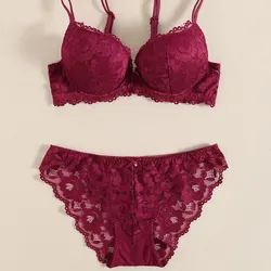 Conjunto de lencería de tela transpirable con bordado de encaje elegante, sujetador de realce, bragas transparentes de cintura caída, último día de San Valentín, 1 Juego