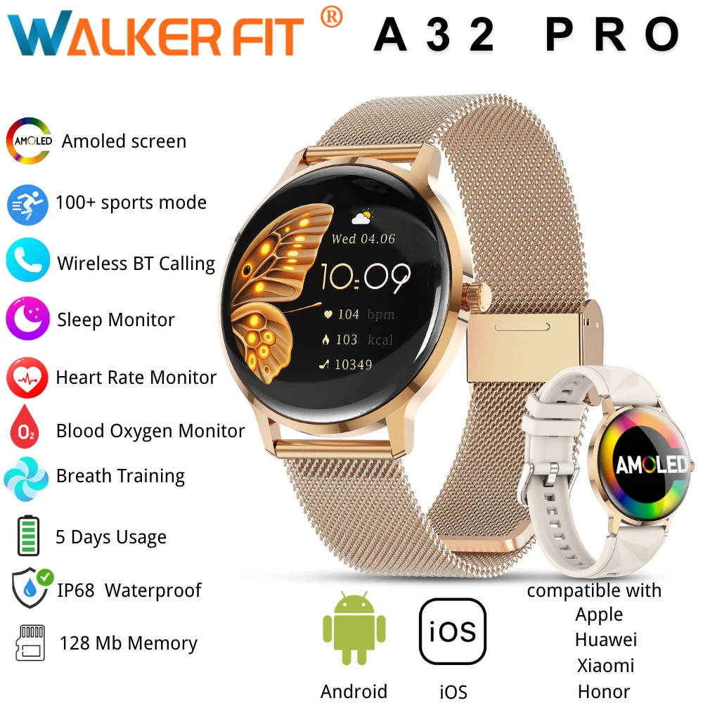 

WALKER FIT A32Pro 2025 Smart Watch Women AMOLED Bluetooth Calling IP68 Waterproof Wireless Charging Smartwatch for Xiaomi Huawei