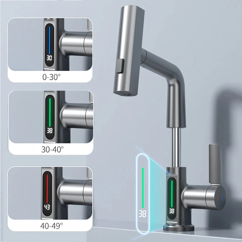 

Washing Faucet with Digital Waterfall Temperature Display Dual Hot Cold Function Sink Mixer Ceramic Valve Wash Tap For Bathroom