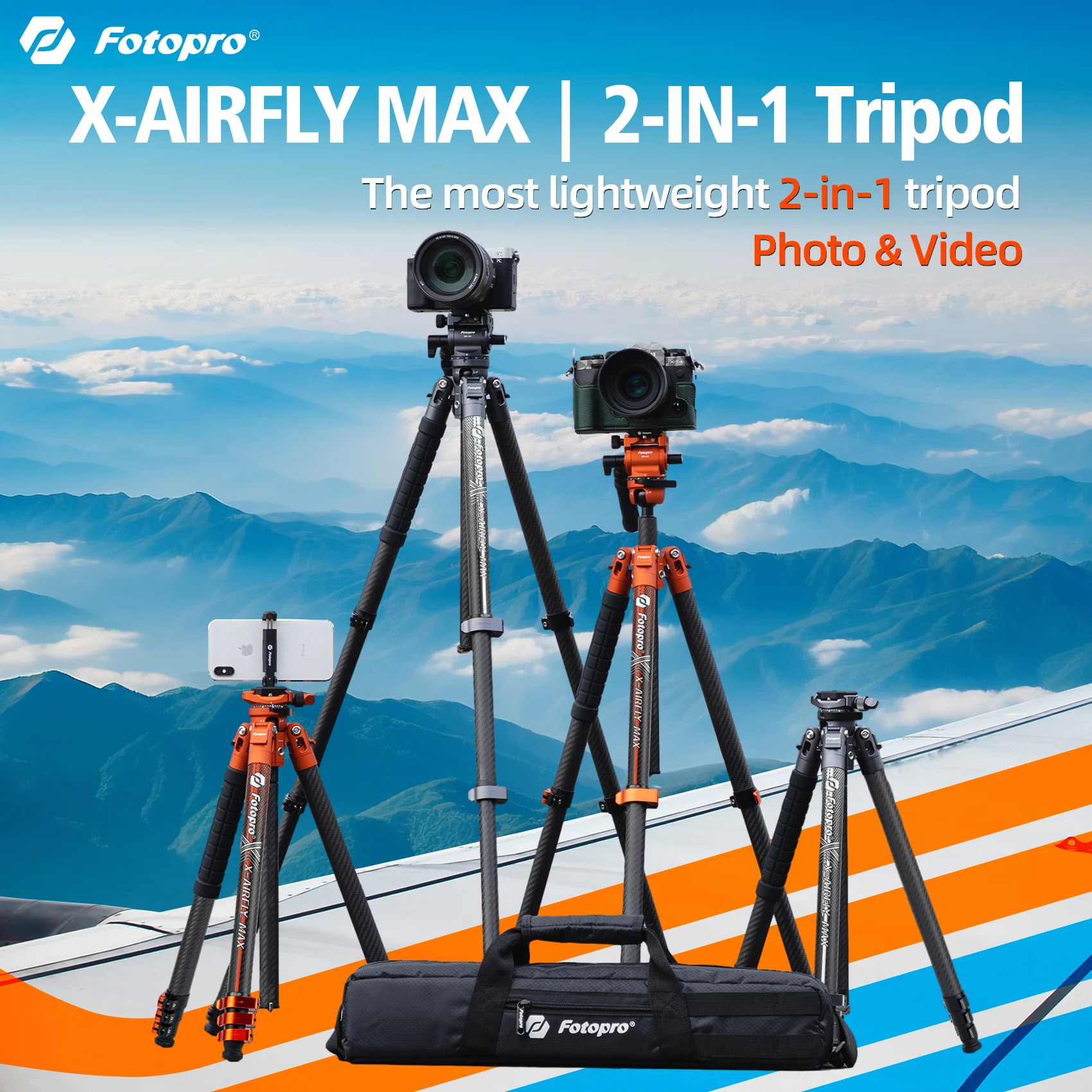 

Fotopro Carbon Fiber Camera Tripod with Fluid Ball Head Flip Lock Effortless 171CM Travel Tripod Monopod X-AIRFLY Max Video