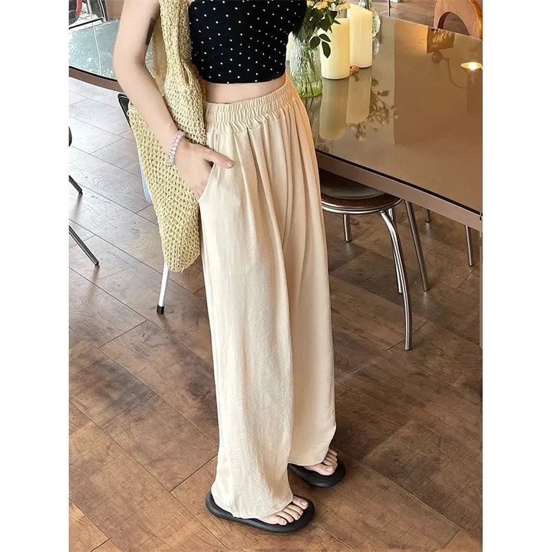 

2025 Women Ankle-Length Wide Leg Pants Casual Summer Solid Elastic Waist Loose Ice Silk Pants Spring Summer Female Trousers