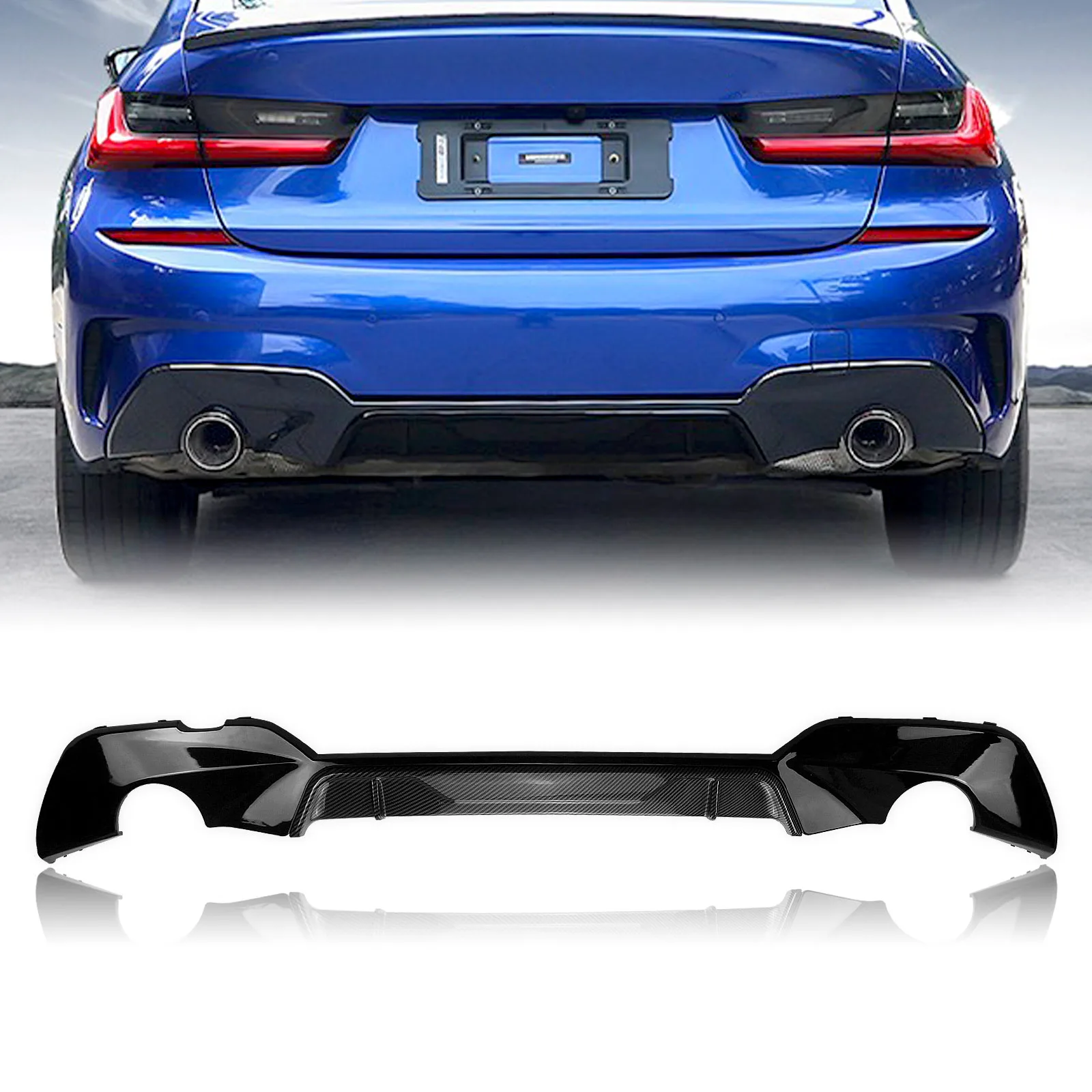 

Rear Diffuser Bumper Lip For BMW 3 Series G20 G28 M Sport 2019-2022 320i 320d 325i 330i 330d Boot Exhaust Round Splitter Spoiler