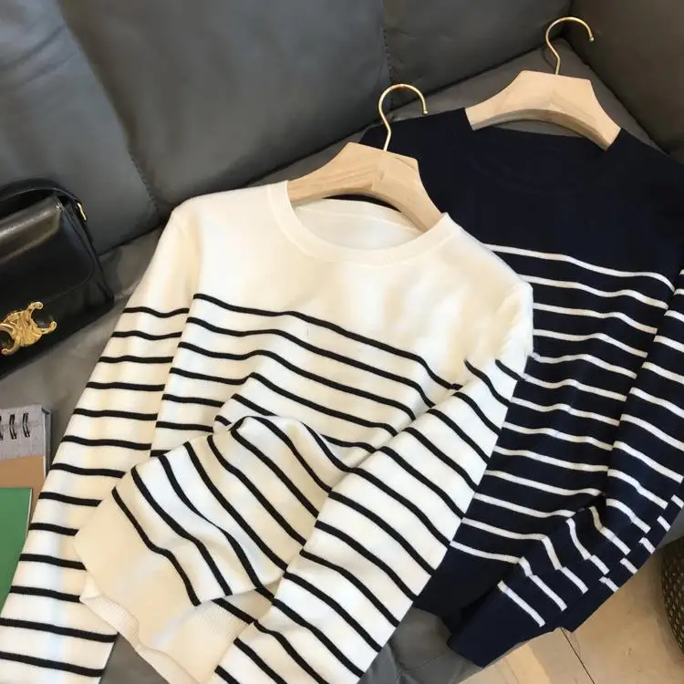 

Женский длинный трикотаж в полоску све, внутренняя одежда, повседневный удобный мягкий топ, круглый пуловер Ne, осенний сезон Faion