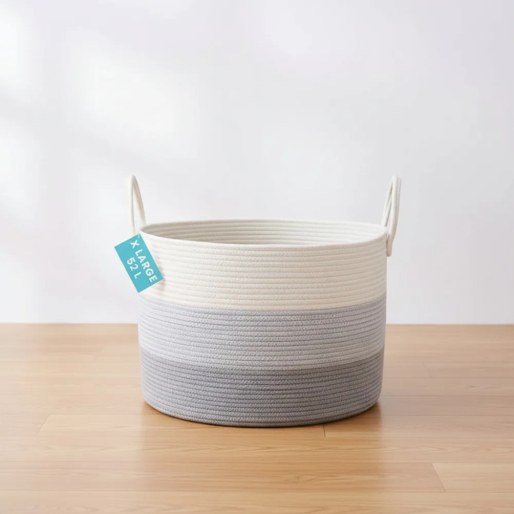 

Large Woven Storage Basket 20x13 Inch, Cotton Rope Laundry Hamper for Blankets Toys Pillows, Nursery Dog Bin Gray
