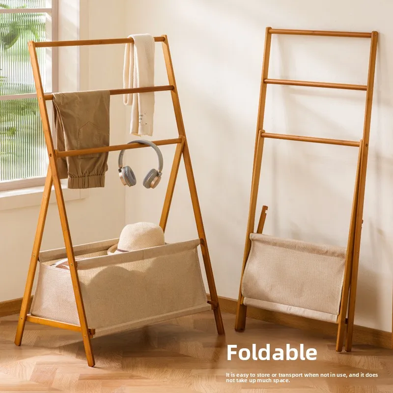 Faltbarer Kleiderständer, freistehender Kleiderbügel, Stoff-Aufbewahrungstasche, einfacher Bambus-Kleiderständer fürs Schlafzimmer, Kleideraufbewahrungsregal im Vintage-Stil