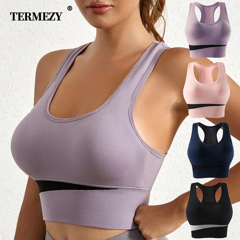 TERMEZY Sexy Women Bra Gym Sport Deep U Brassiere Push Up Patchwork Breathable Underwear Soft Top Brassiere Wireless Vest