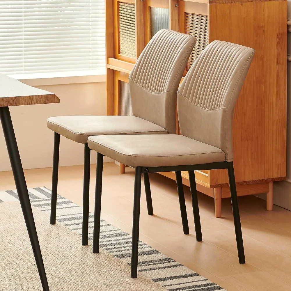 PU Leather Dining Chairs Set of 2, Mid-Century Modern Beige Kitchen Chairs with Black Metal Legs