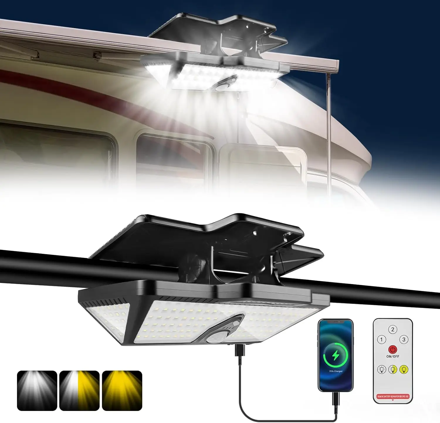 Solar Camping RV Outdoor Lights High Brightness Waterproof with Motion Sensor & Remote, 6000mAh Solar Powered Exterior Lighting